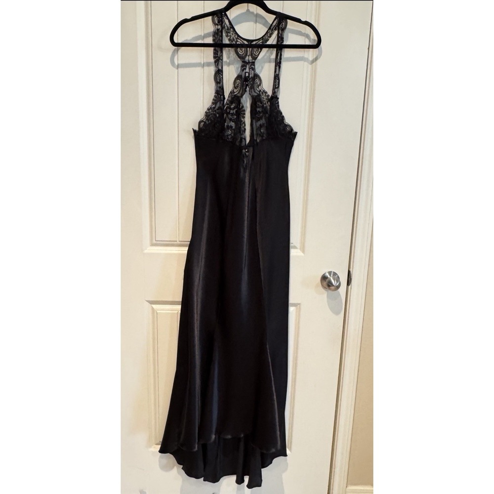 Shirley of Hollywood Black Satin Lace Maxi Slip Dress Open Back Y2K Goth M‎
